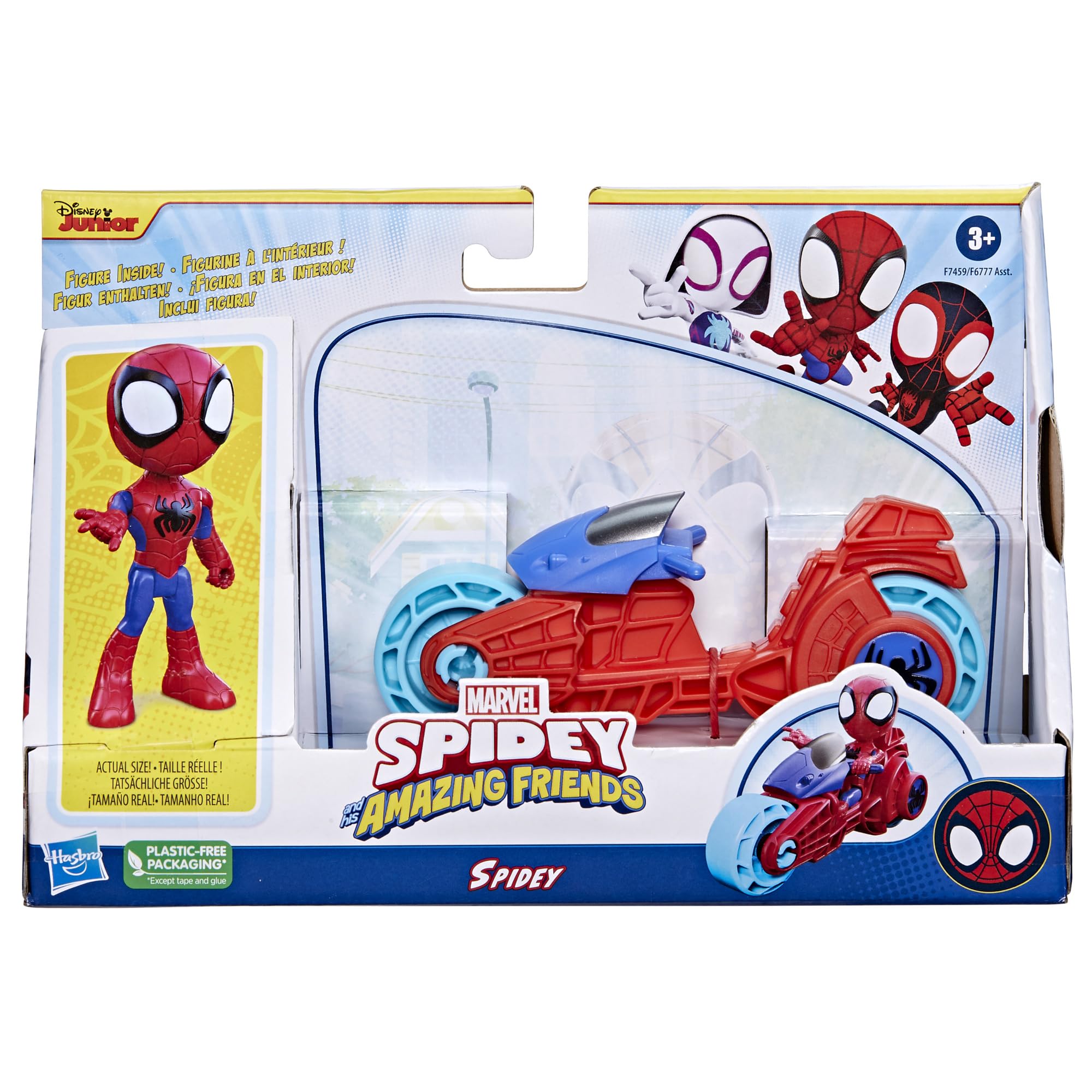 Spidey on a toy motorcycle ready to zoom in Spidey and His Amazing Friends.