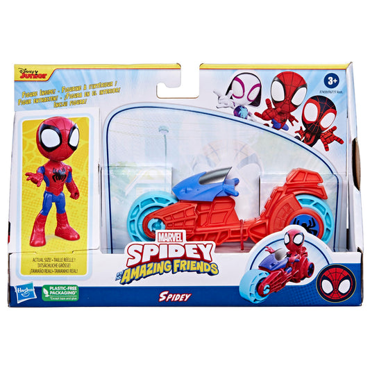 Spidey on a toy motorcycle ready to zoom in Spidey and His Amazing Friends.
