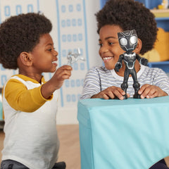 Hasbro Supersize Hero Black Panther posed with Spidey and Friends