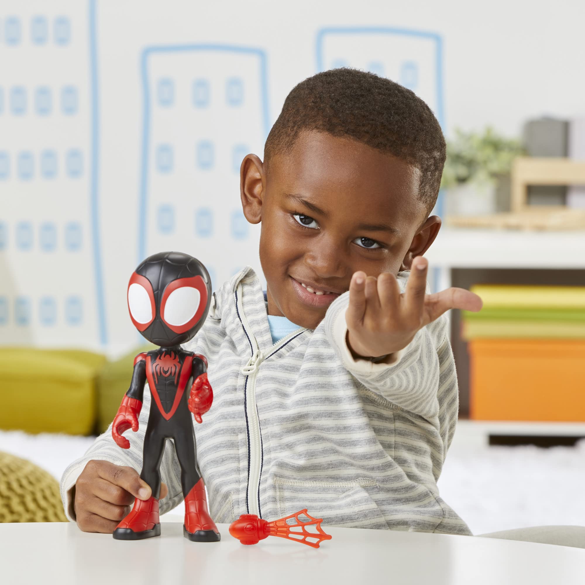Miles Morales figure with on-screen show scenes inspiration for imaginative playtime.