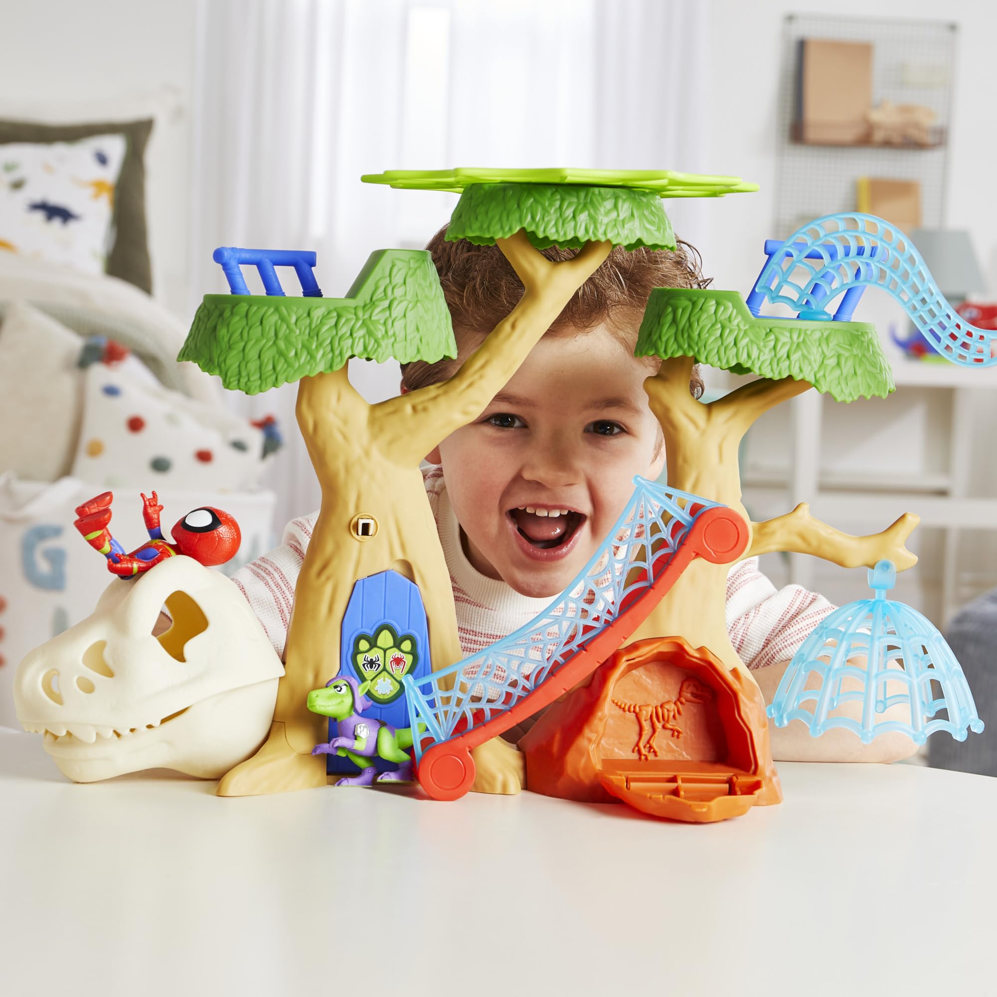 Imaginative play setup invites stories with Spidey and friends.