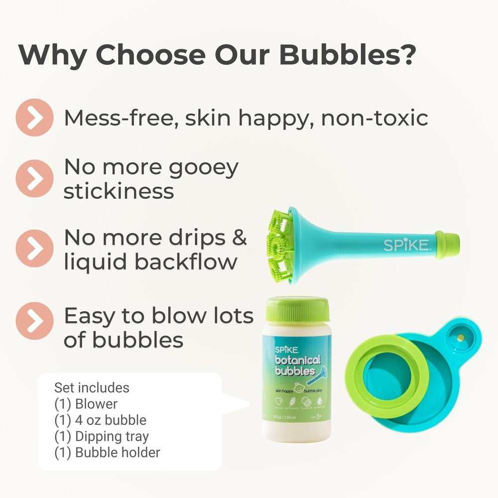 SPIKE botanical bubble solution image highlights skin-friendly, gentle formula