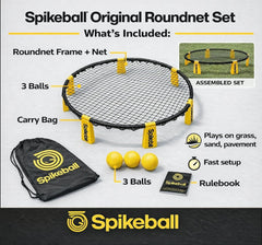 Family playing Spikeball on grass shows quick setup and fun.