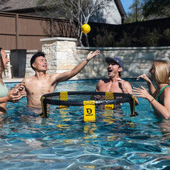 Spikebuoy 2.0 at the beach enabling floating Spikeball action.