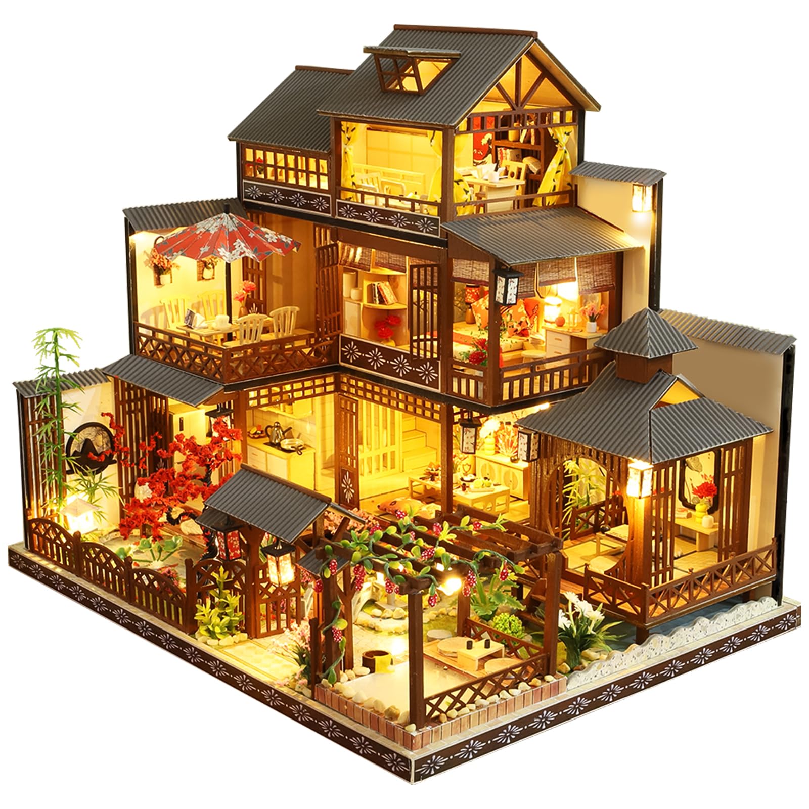 Spilay Yaquan Courtyard dollhouse front view with detailed wooden facade for display