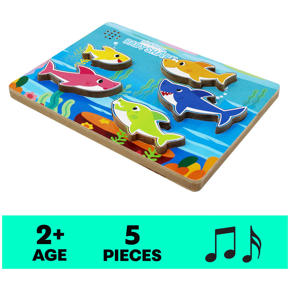 Mommy Shark, Daddy Shark, Grandma Shark, Grandpa Shark, and Baby Shark characters on wooden pieces.
