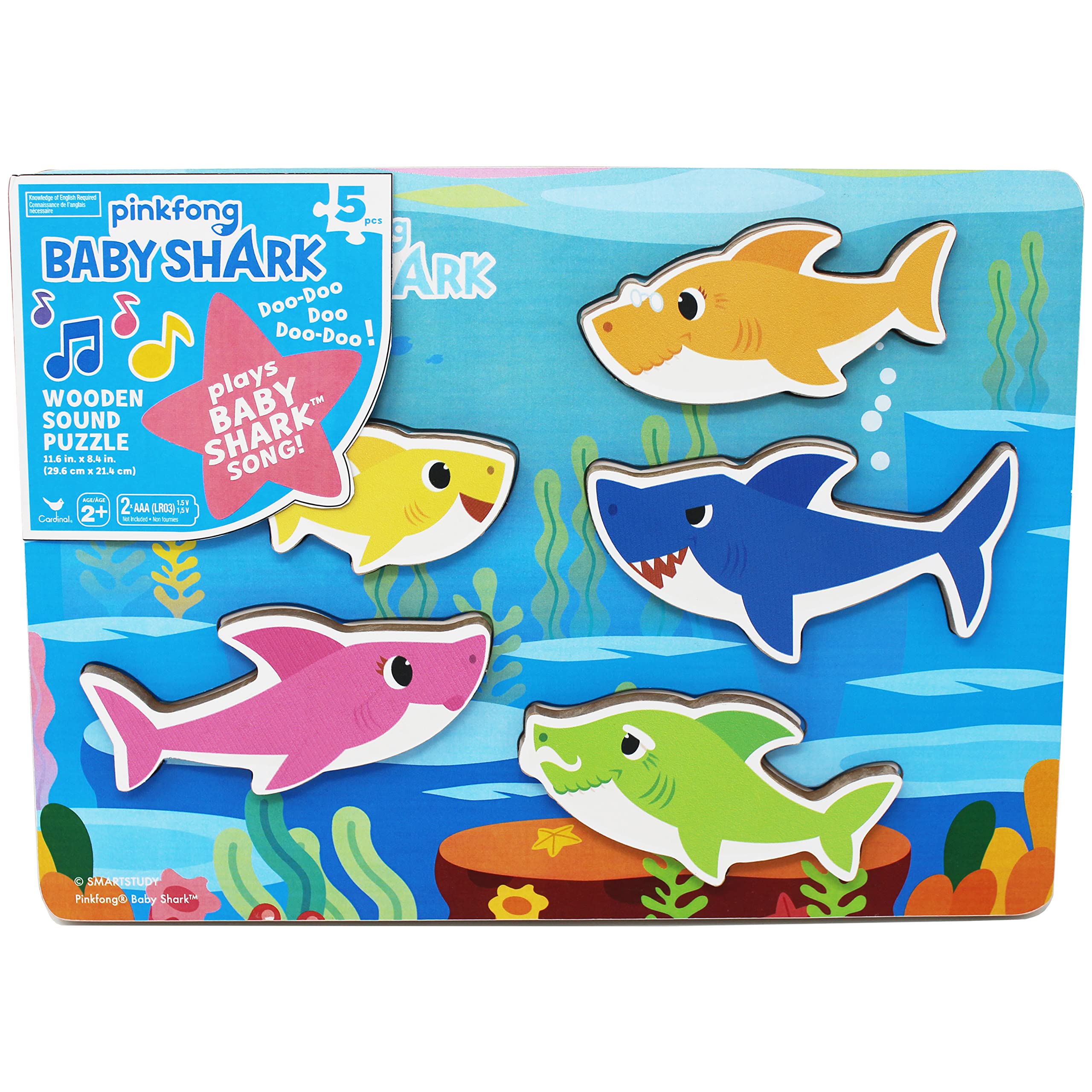 Spin Master Baby Shark musical wooden puzzle with five pieces for shape recognition.