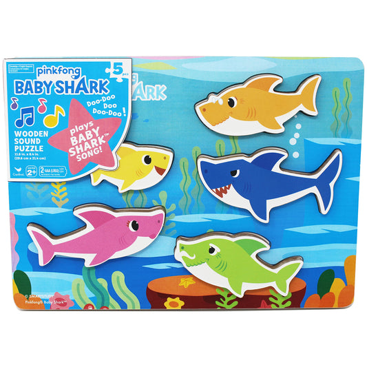 Spin Master Baby Shark musical wooden puzzle with five pieces for shape recognition.