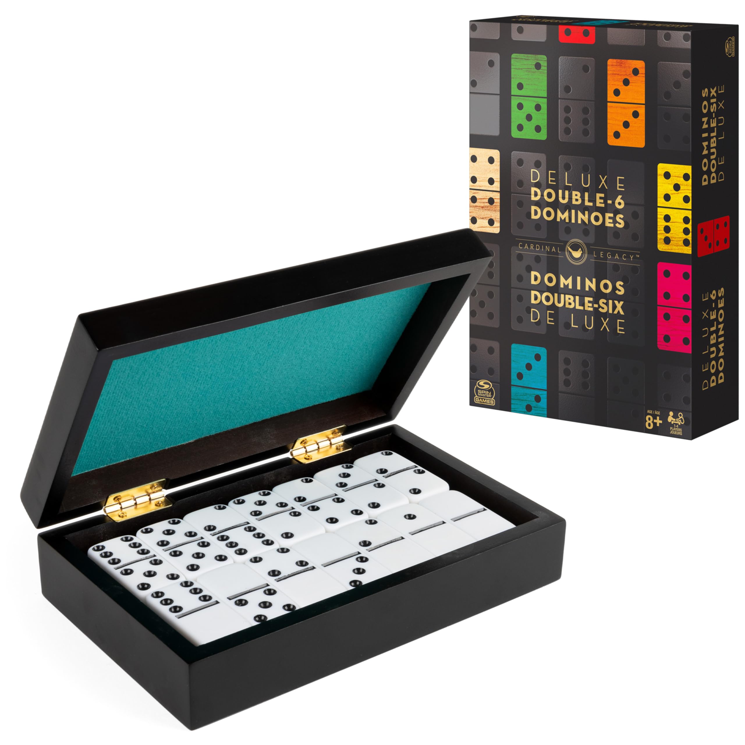 Spin Master Cardinal Legacy Deluxe Dominoes case open with 28 dominoes ready to play.