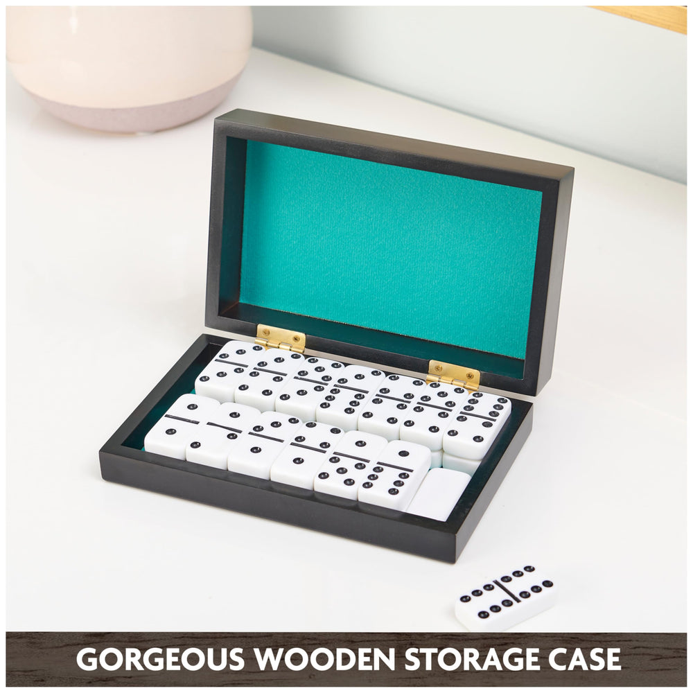 Spin Master deluxe wooden case with green lining protecting dominoes for travel.