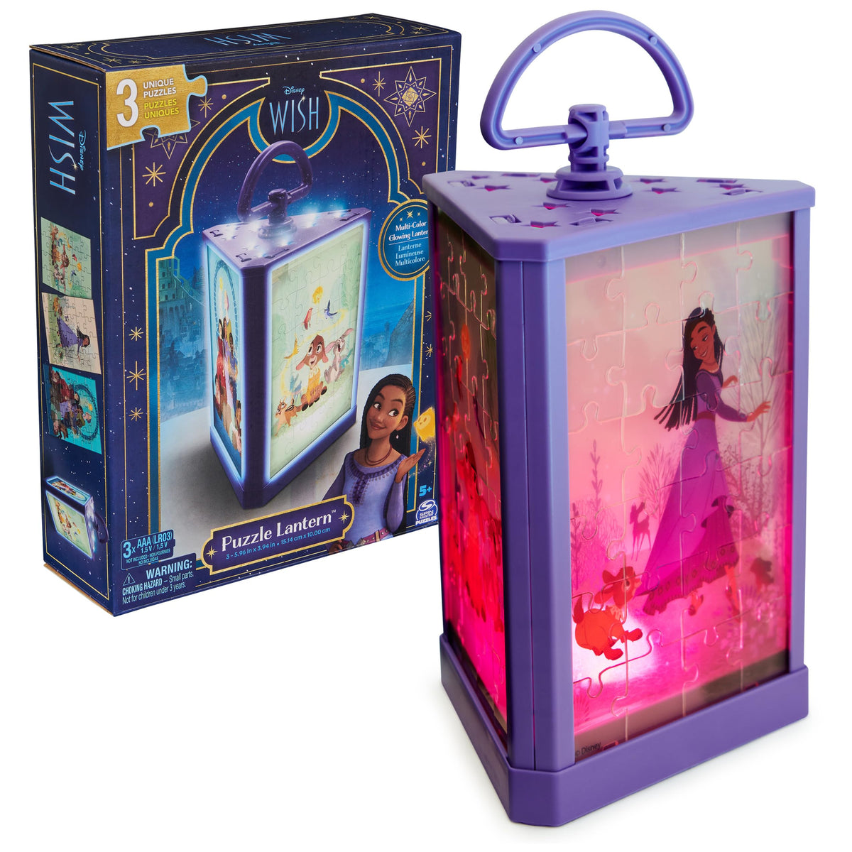 Spin Master Disney Wish Puzzle Lantern assembly shows three puzzles and a glowing lantern for creative play.