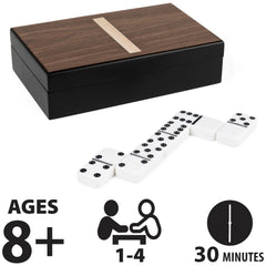 Spin Master double-6 dominoes close-up showing black and white pieces with a smooth finish.