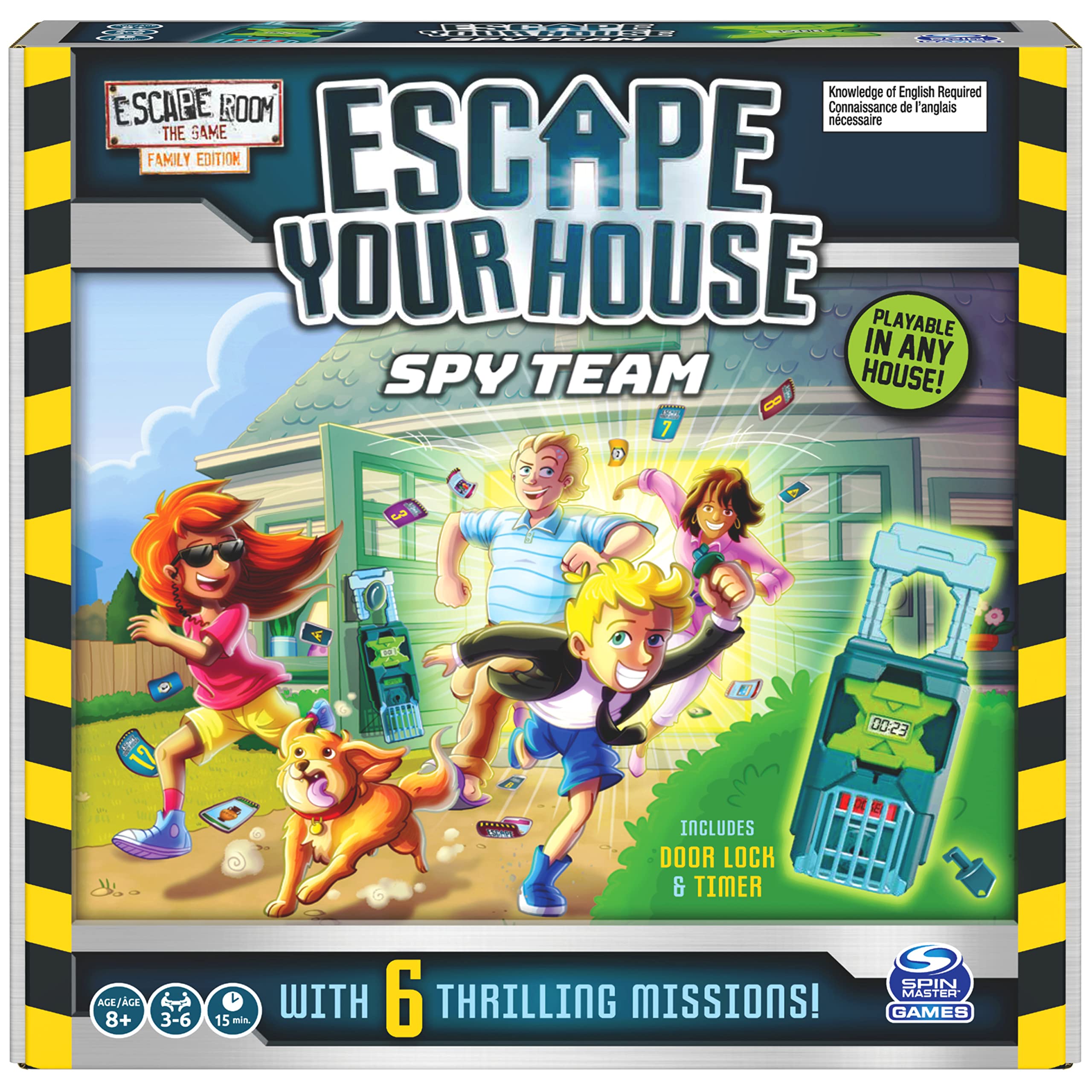Spin Master Games Escape Room The Game front cover showing Spy Team branding for family play