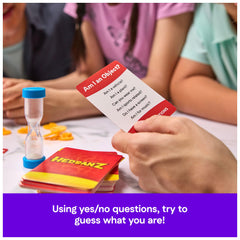 Spin Master Hedbanz 3rd Edition sample question cards provide example prompts for play.