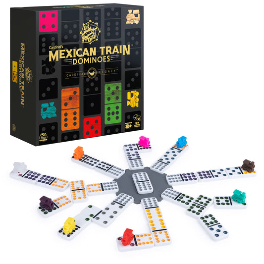 Spin Master Games Legacy Deluxe Mexican Train Dominoes shown in a wooden case for durable transport.