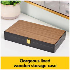 Wood storage case open showing organized components for travel.