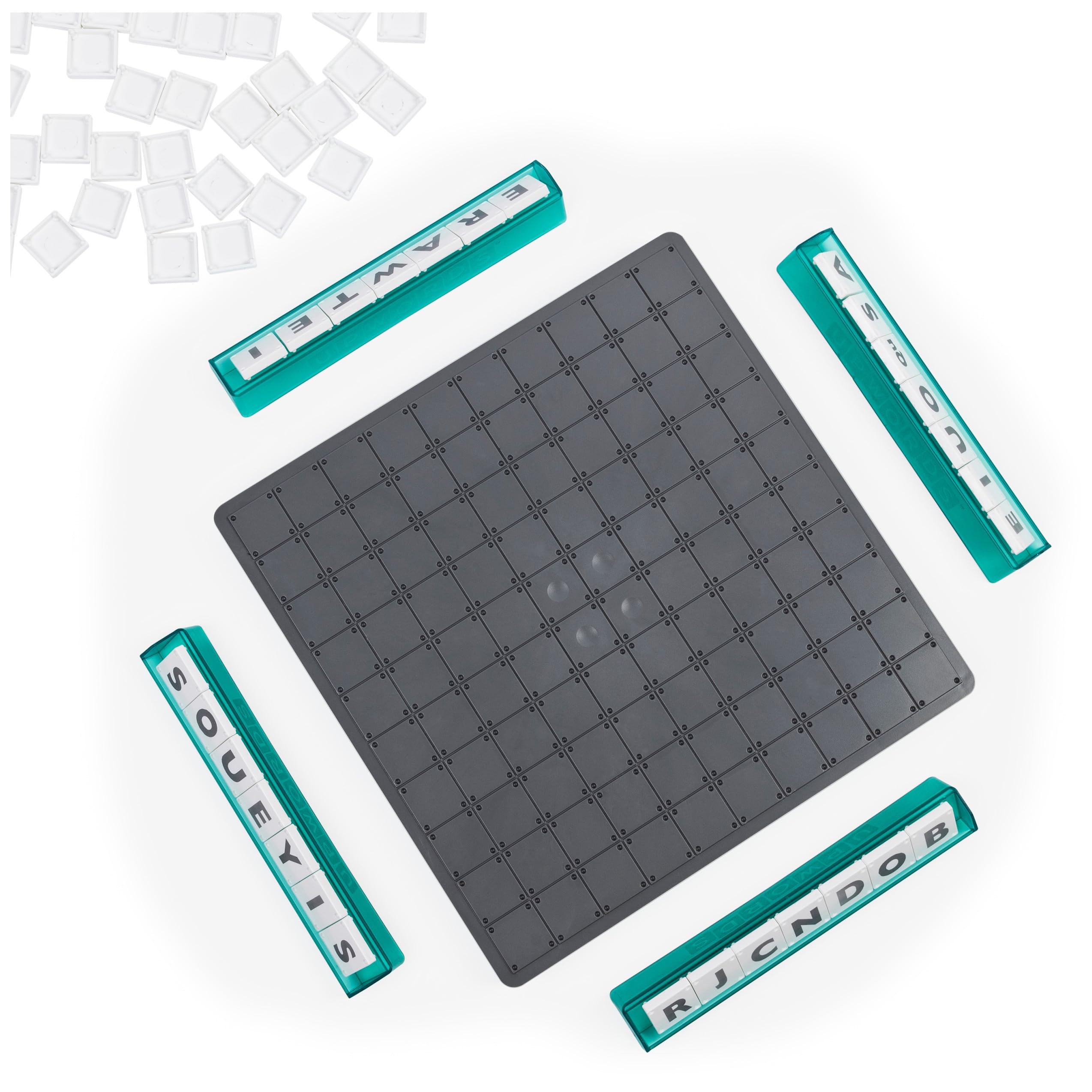 Spin Master Upwords game setup showing how to stack and score.