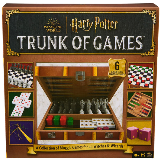 Spin Master Games Wizarding World trunk showcases a sturdy wooden box for organized family game nights.