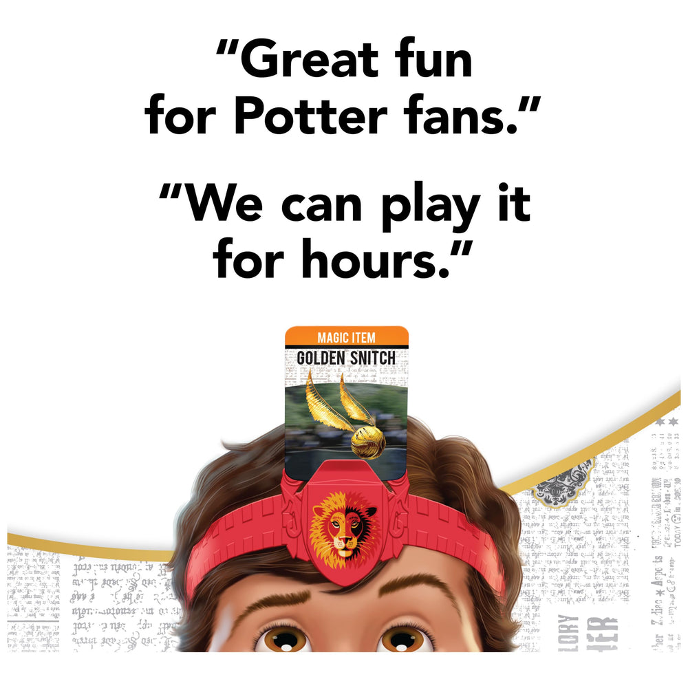 Four Hogwarts house crests on Hedbanz headbands add magical flair.