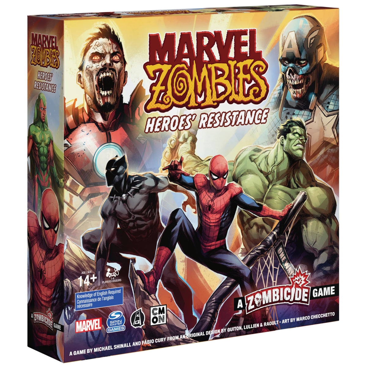Spin Master Marvel Zombies: Heroes’ Resistance box art shows epic cooperative setup for players.