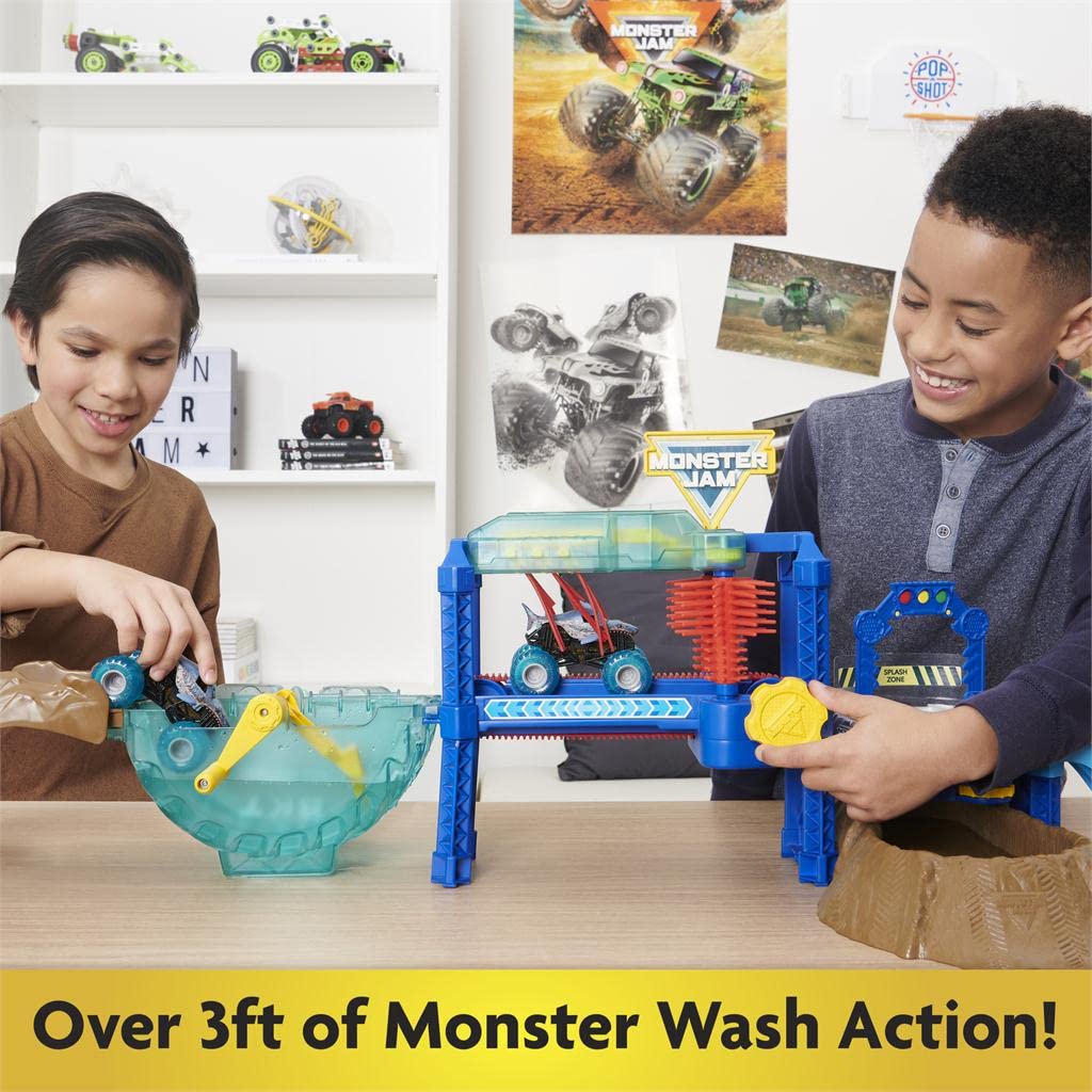 Spin Master Monster Jam 1:64 Truck Wash playset side view highlighting colorful decals