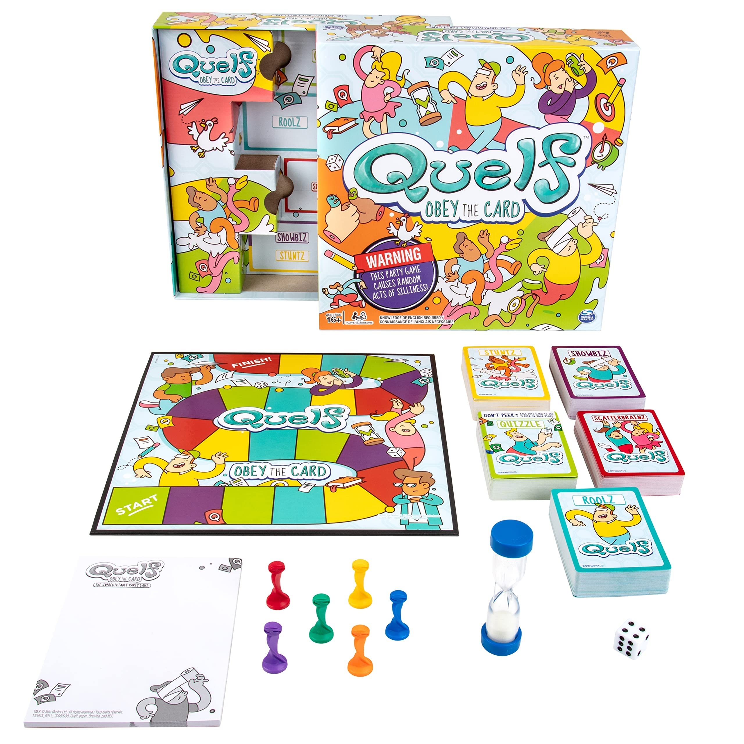 Spin Master Quelf board game board with colorful spaces for family game night.