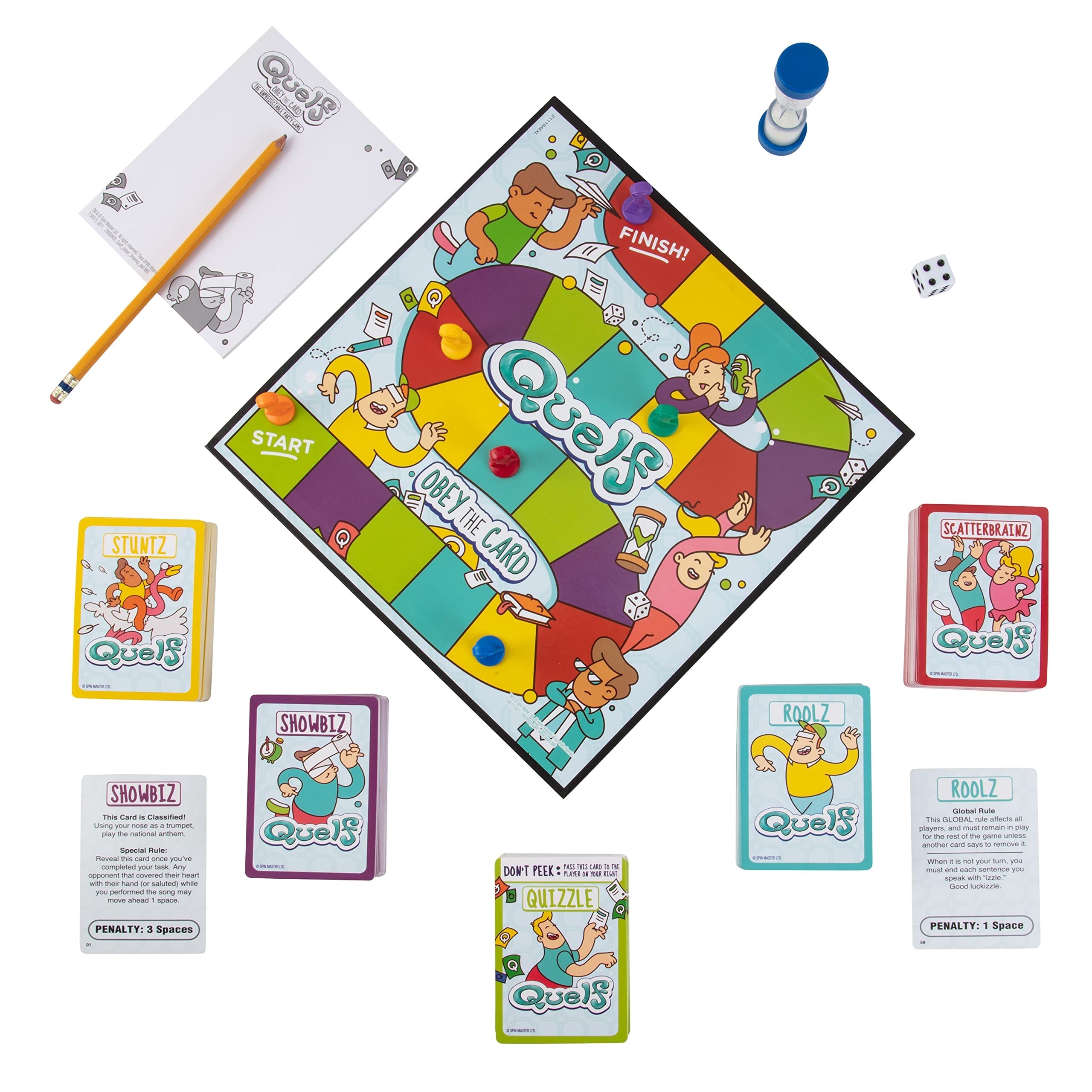 Spin Master Quelf die and timer to pace the chaos.