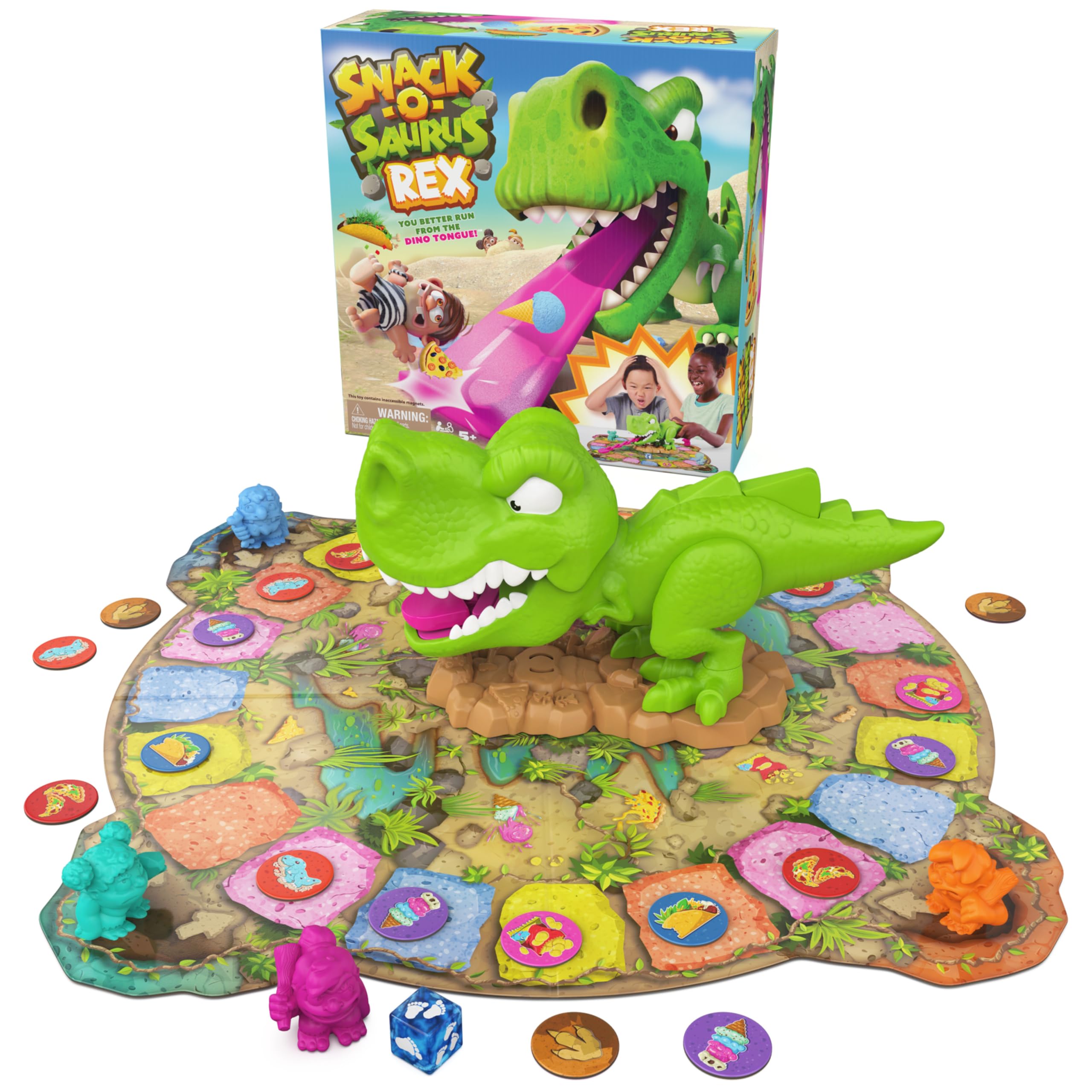 Spin Master Snack-O-Saurus Rex with dino tongue in action for family fun