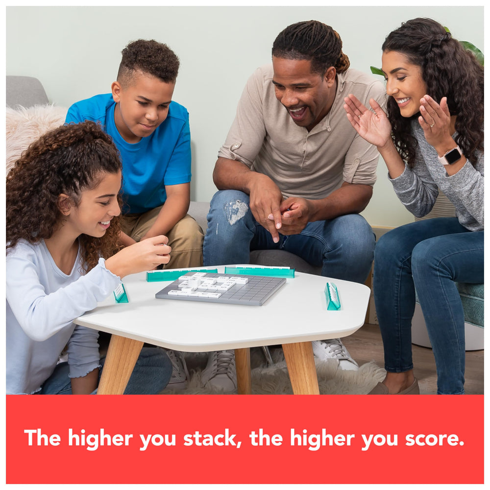 Happy family plays Spin Master Upwords during a cozy game night