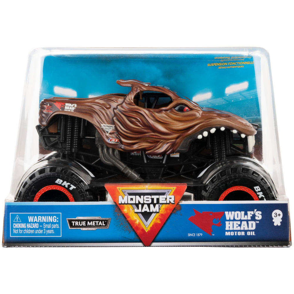 Spin Master Wolf's Head Monster Truck front view highlights chrome rims and BKT tires.