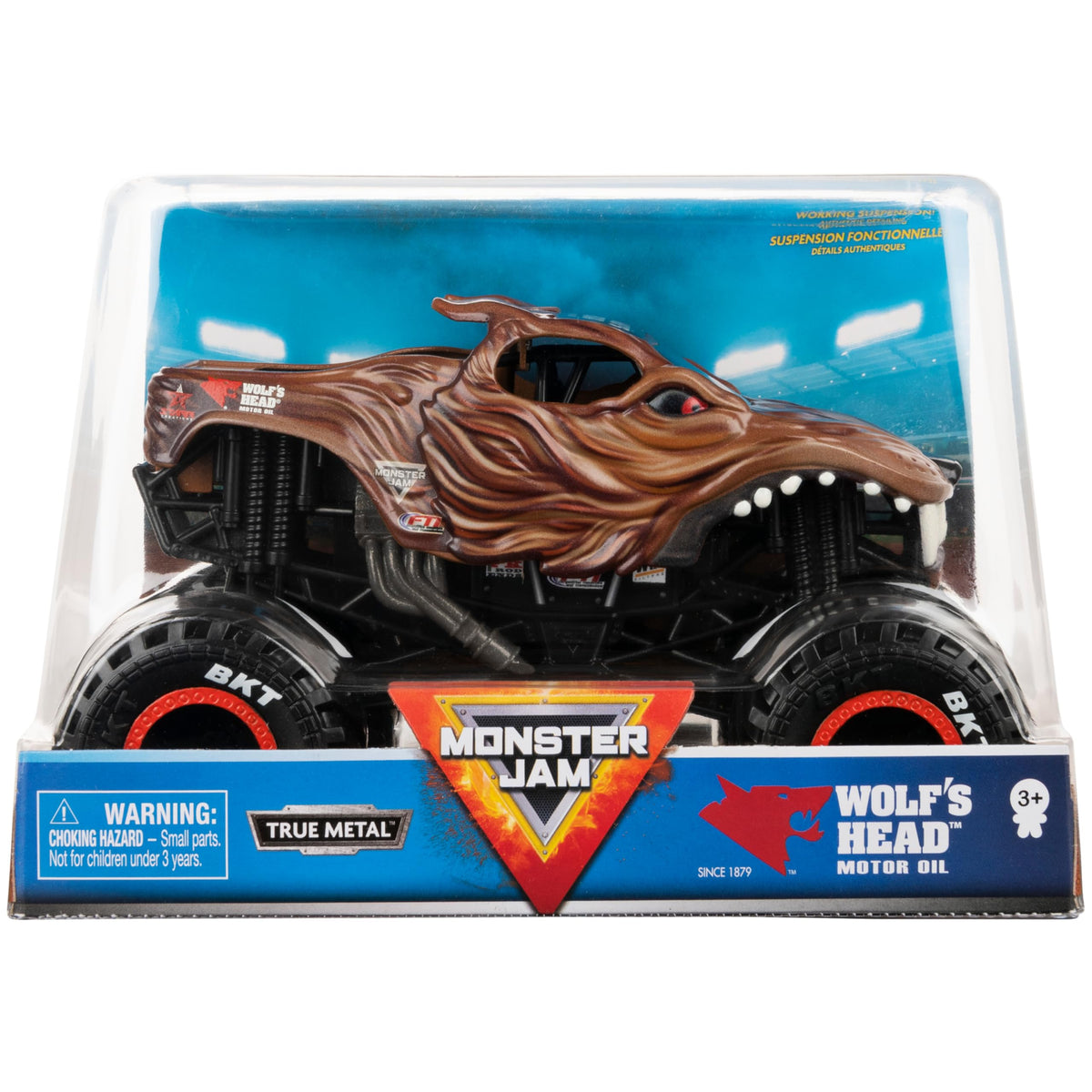 Spin Master Wolf's Head Monster Truck front view highlights chrome rims and BKT tires.
