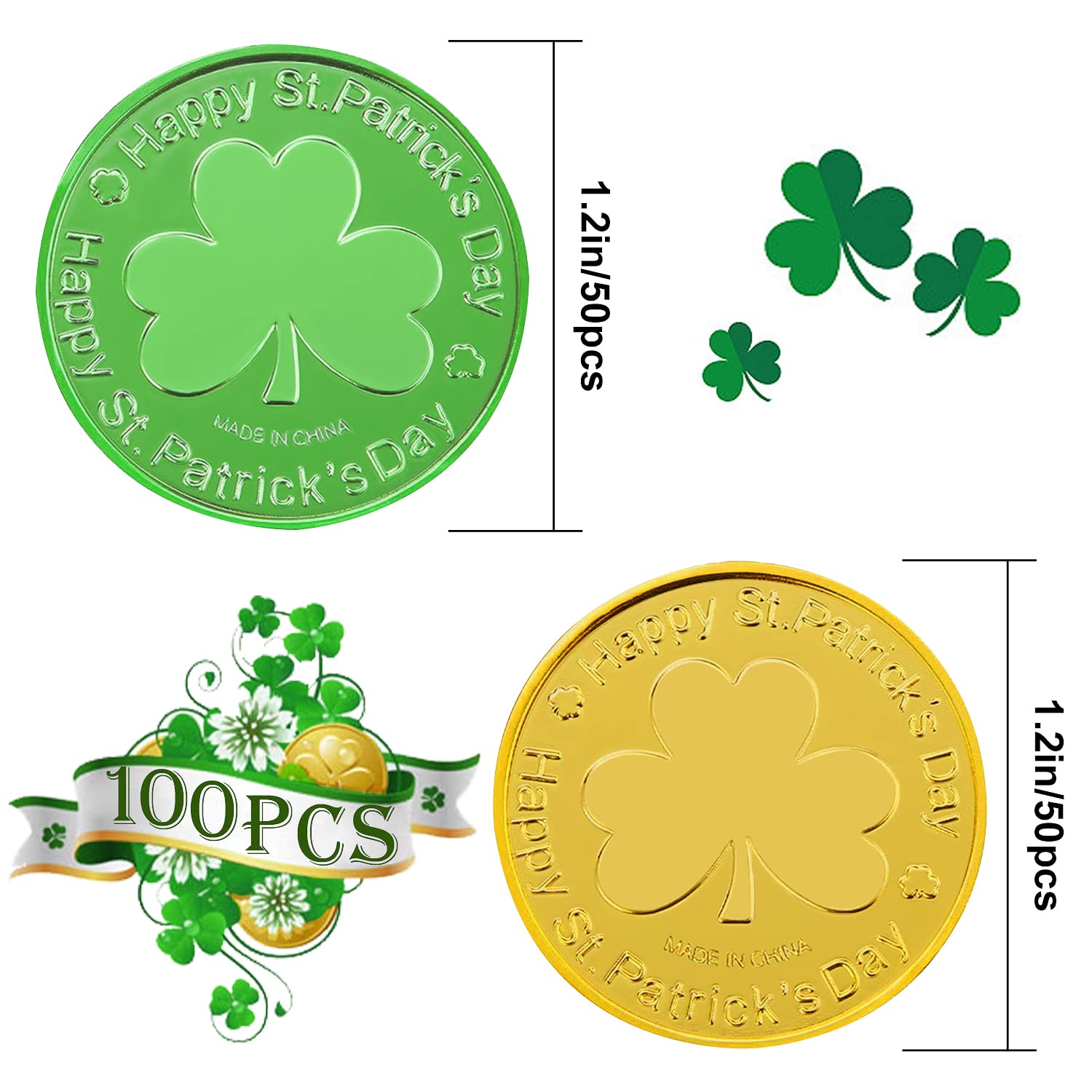 SpinLaLa green and gold shamrock coins on table for party decoration