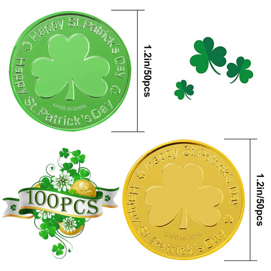 SpinLaLa green and gold shamrock coins on table for party decoration