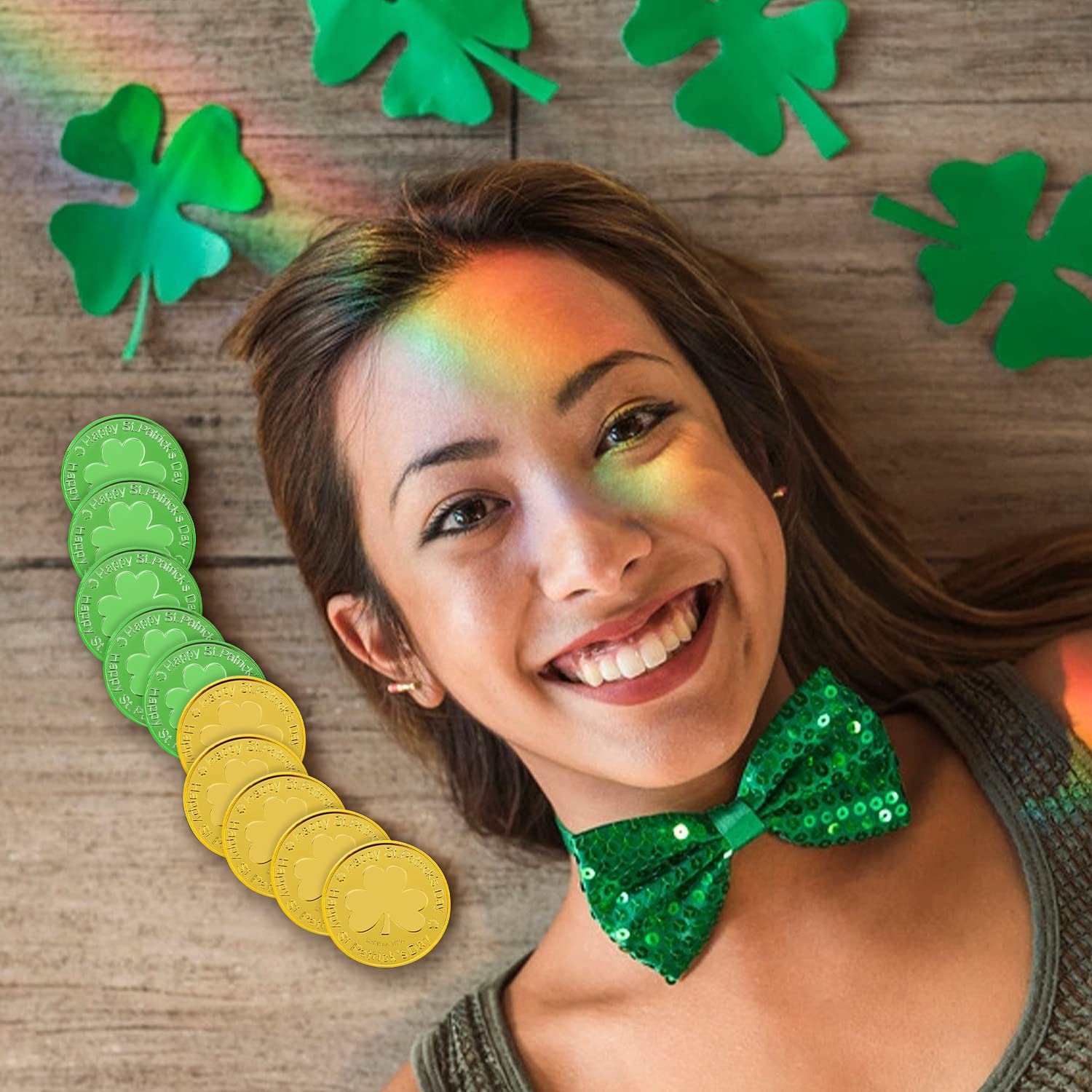 SpinLaLa plastic leprechaun coins used as photo prop and favors