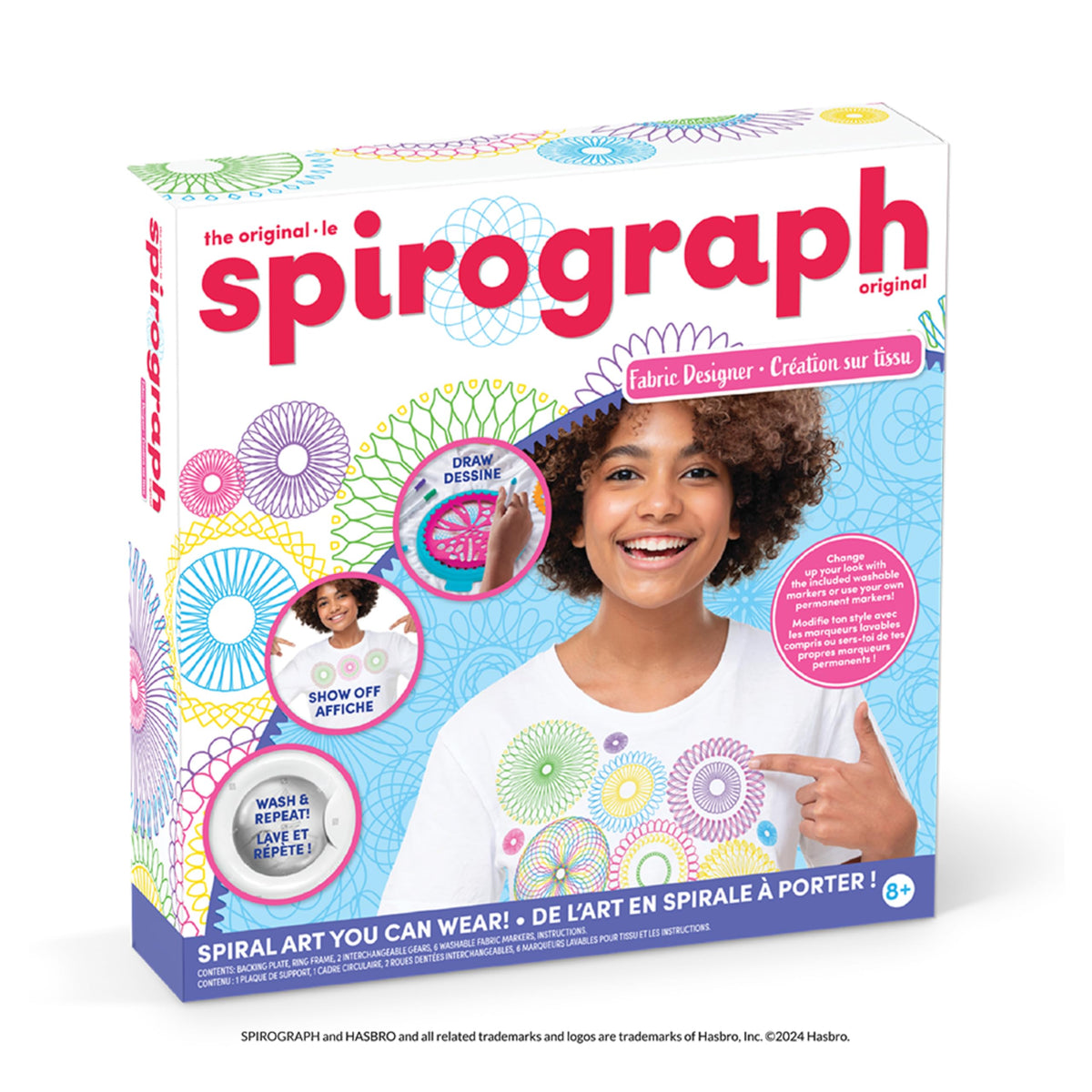 Spirograph Fabric Designer backing plate securing fabric for precise wearable spiral art.