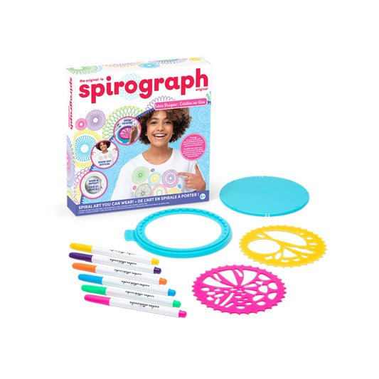 Spirograph Fabric Designer ring frame centered on fabric for clean spiral patterns.