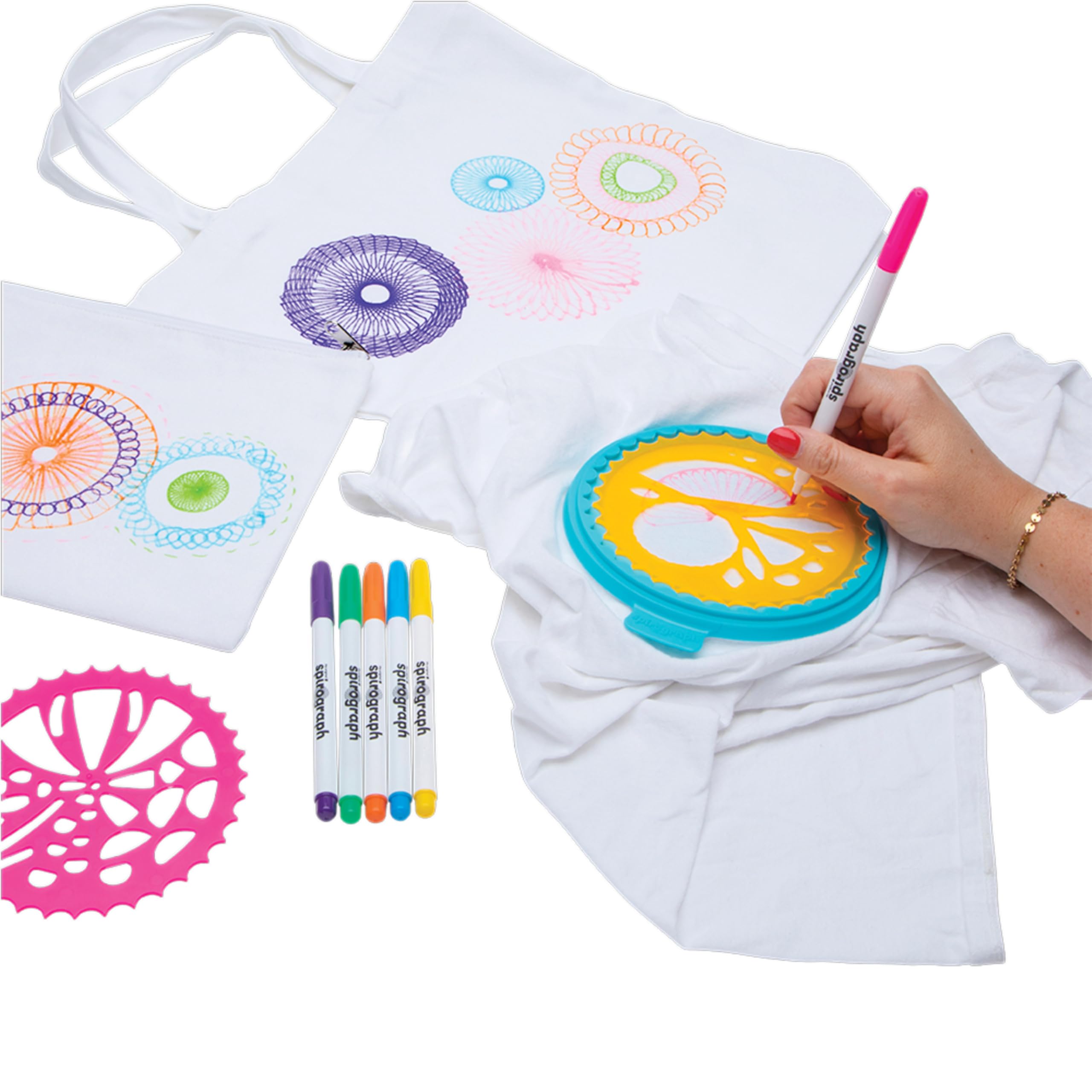 Six washable markers from Spirograph Fabric Designer for easy color experimentation on fabric.