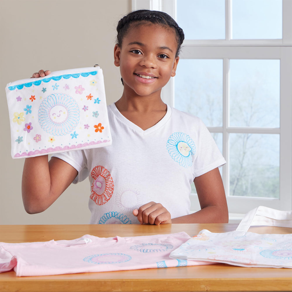 Wearable spiral art on fabric showcased with Spirograph Fabric Designer kit.