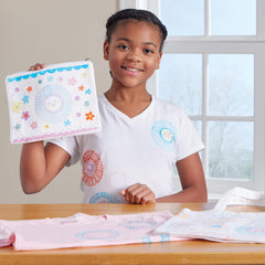 Wearable spiral art on fabric showcased with Spirograph Fabric Designer kit.