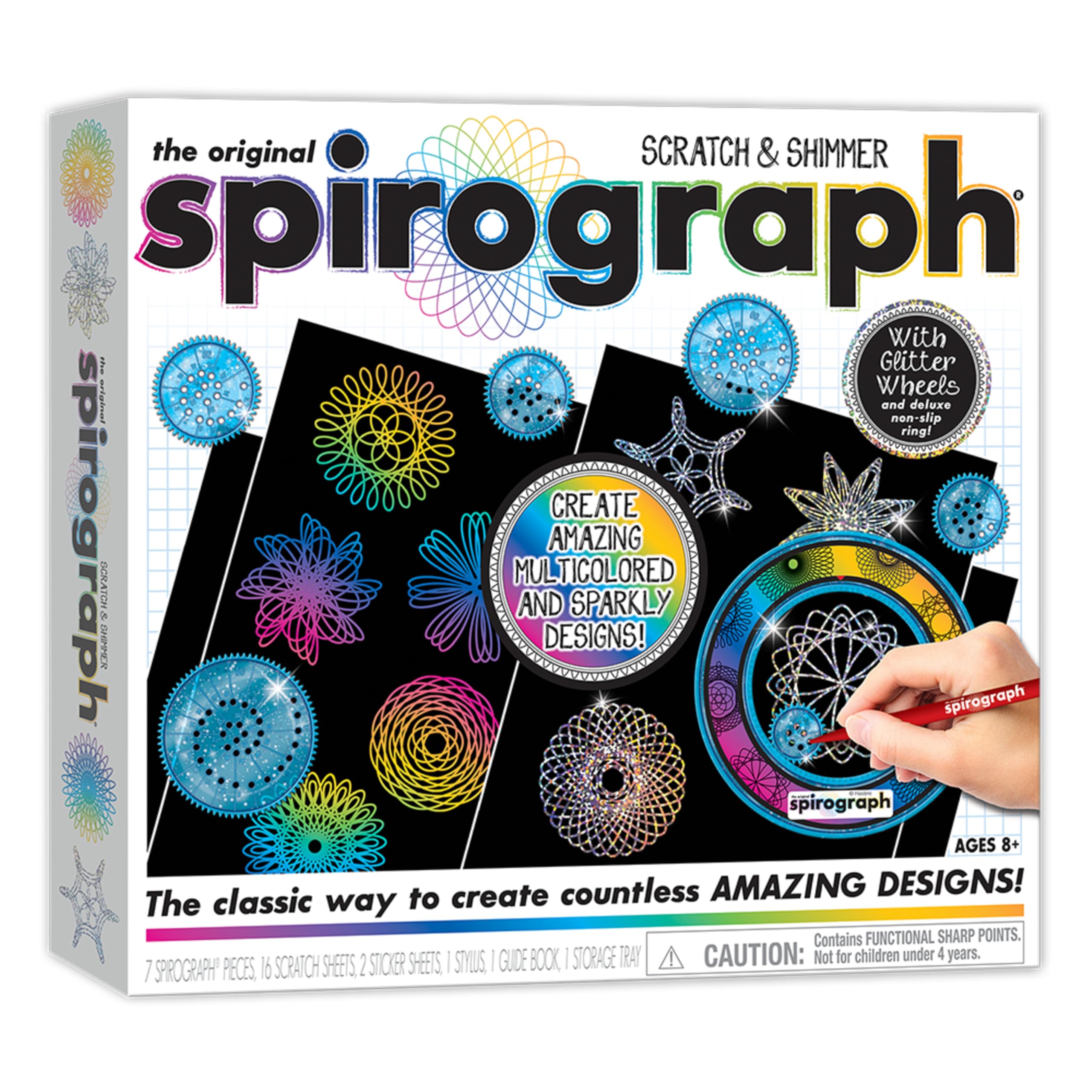 Spirograph Scratch & Shimmer kit cover showing the classic gear set for imaginative art
