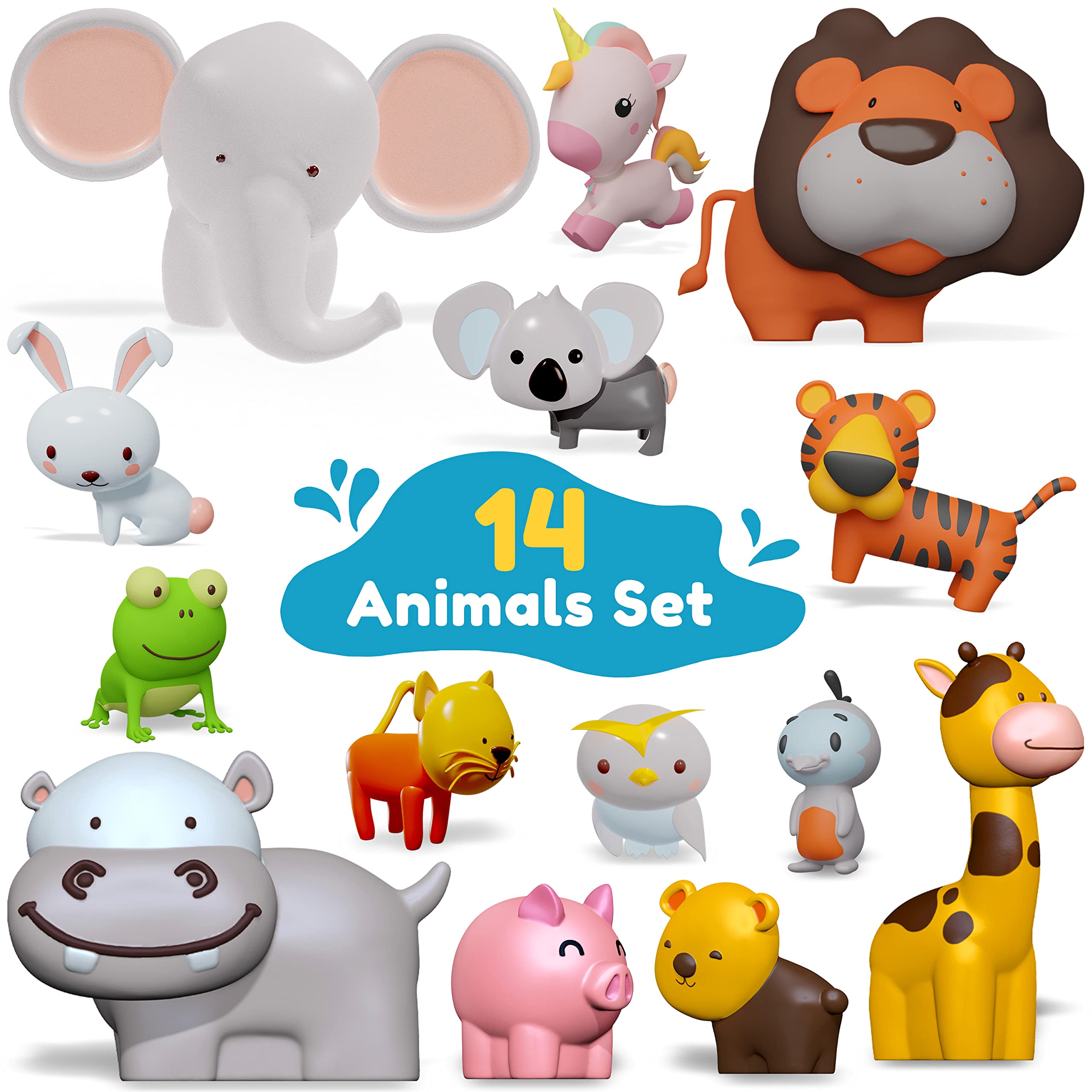 SplashEZ 14-animal bath toys display colorful figures for imaginative play