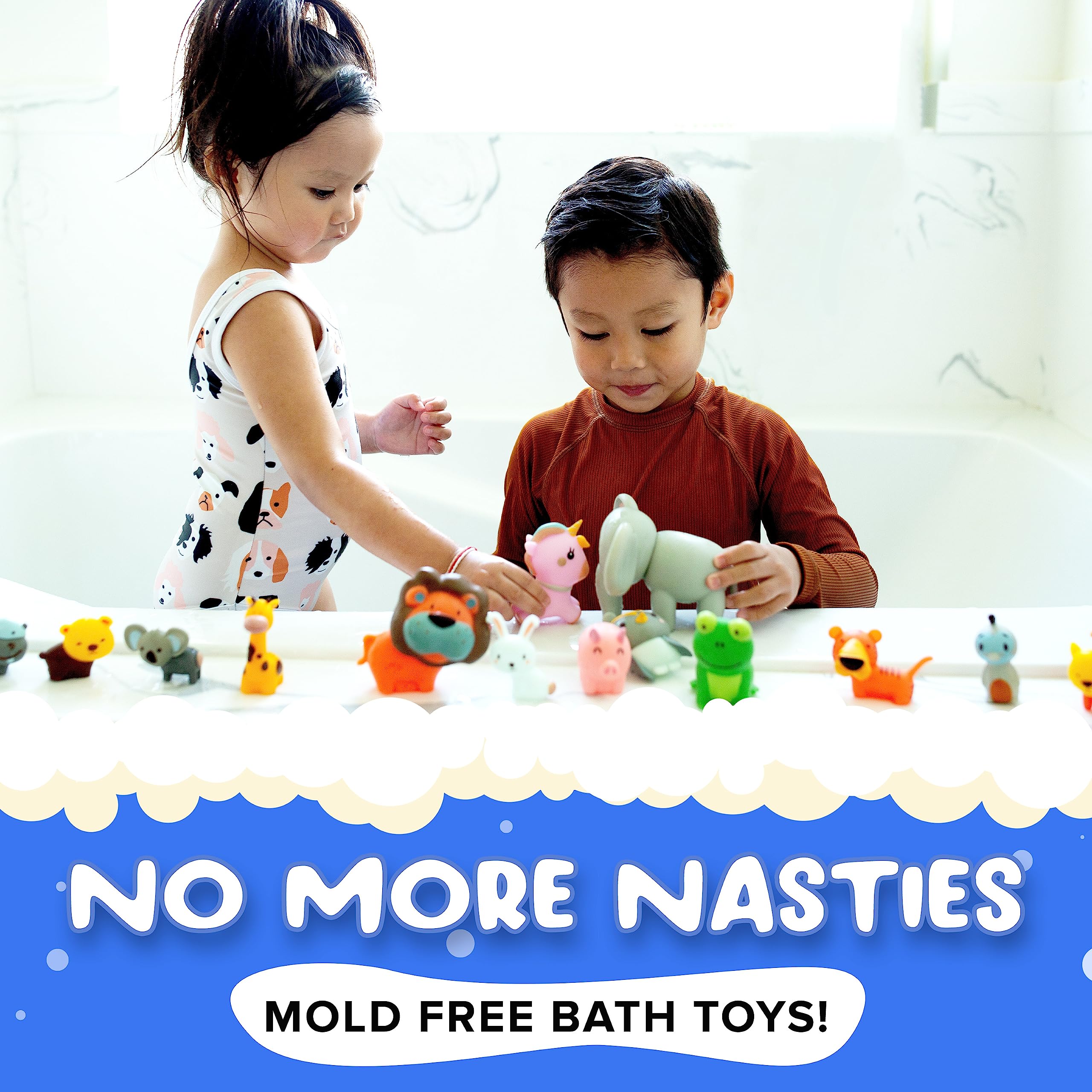 SplashEZ mold-free design bath toys keep water dry and odor-free after baths