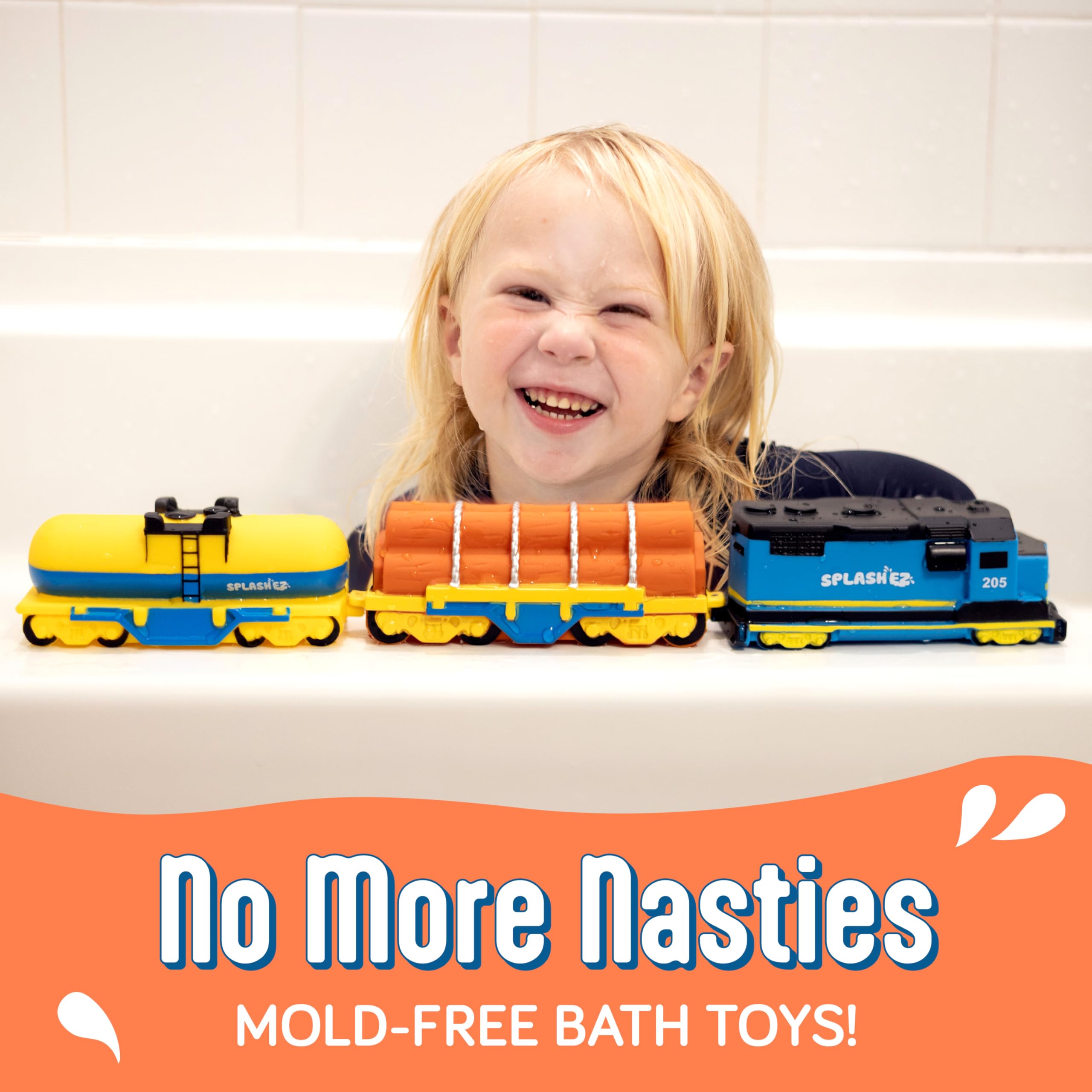 Bright, colorful SplashEZ trains designed for tiny hands to grip and push easily.