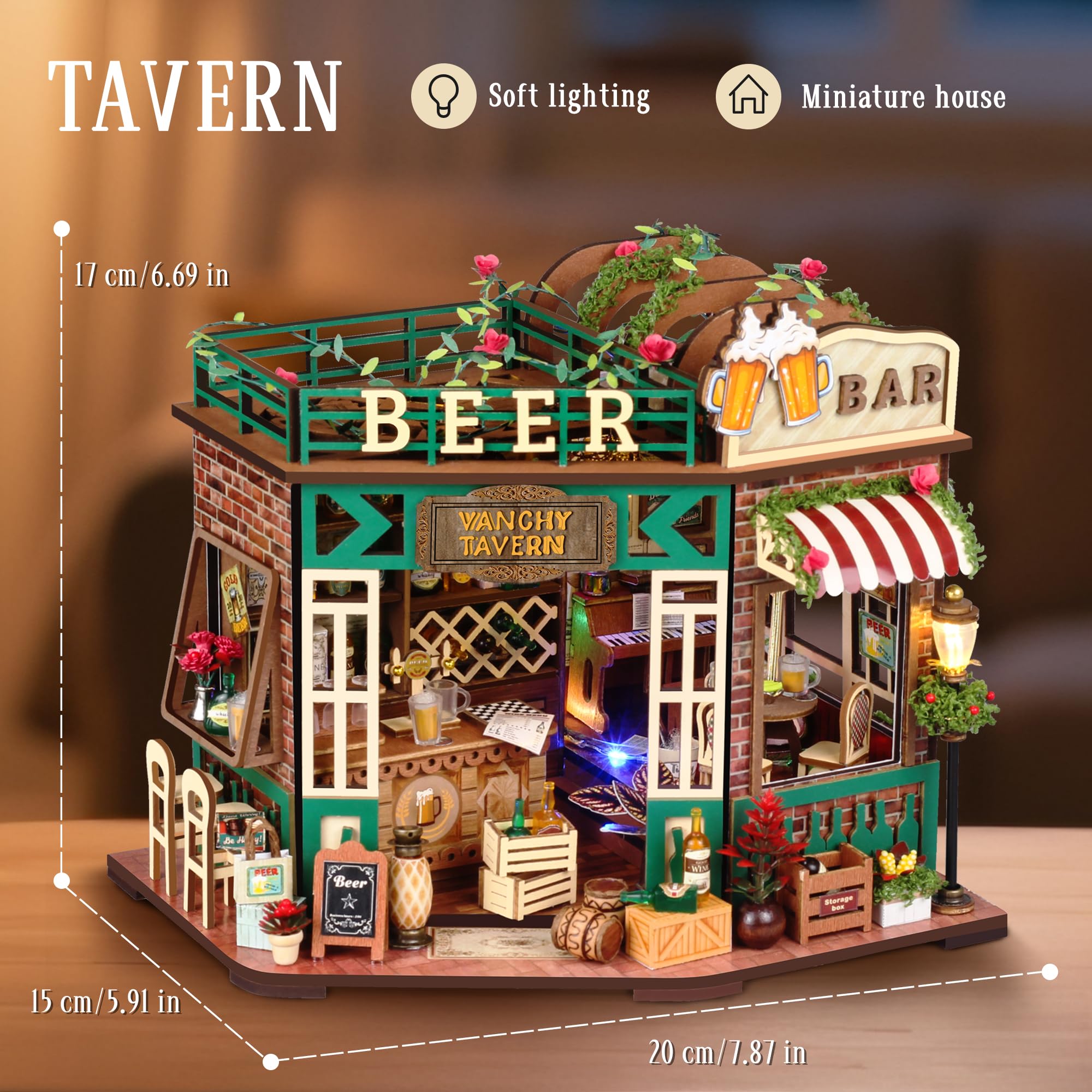 Splashora DIY tavern interior with LED lighting creates warm display ambiance.