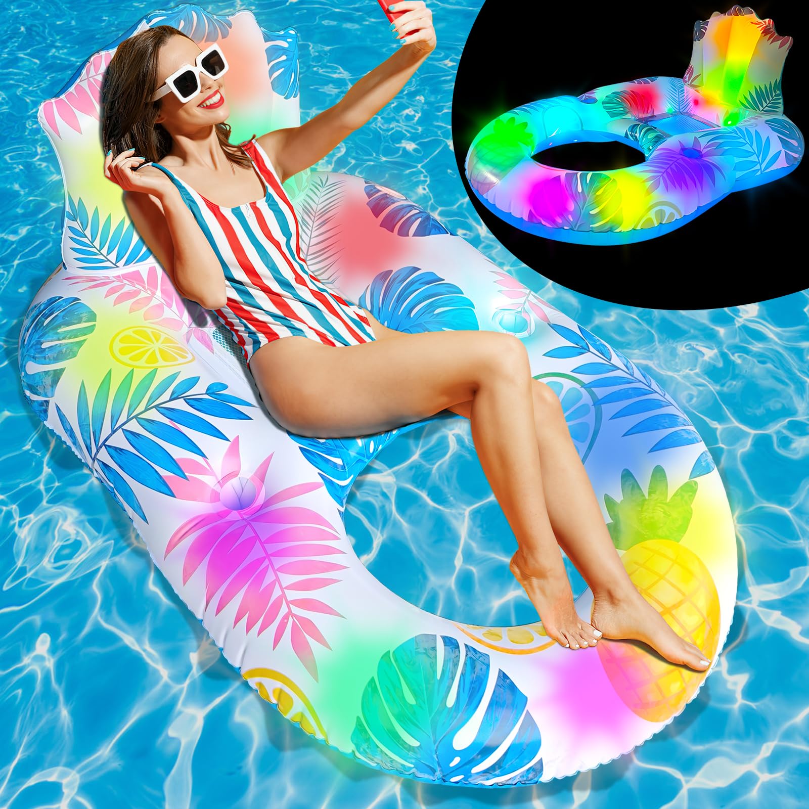 Spobot inflatable pool float for adults with light-up lounge feature for night use.