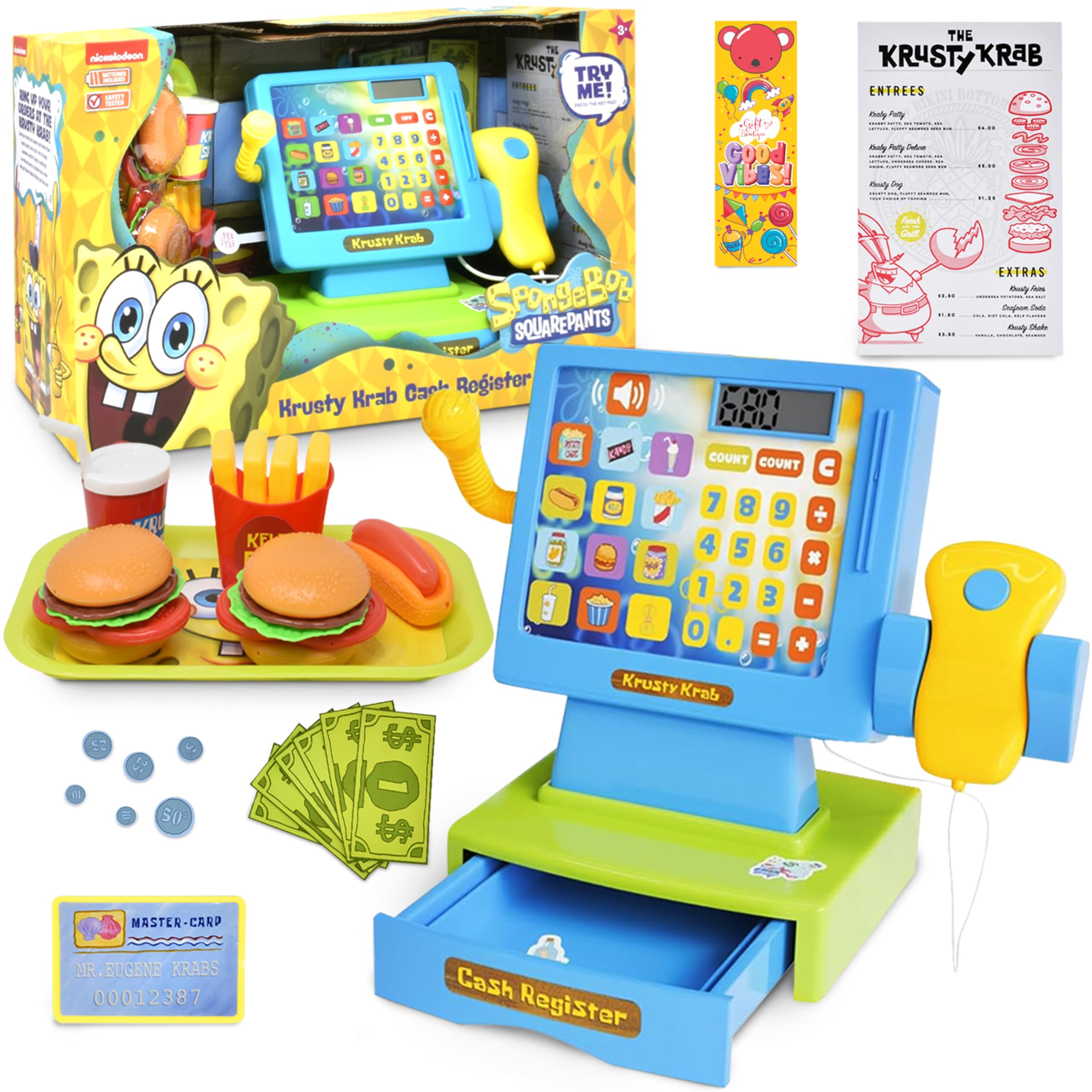 SpongeBob cash register with scanner for interactive pretend play at the counter.