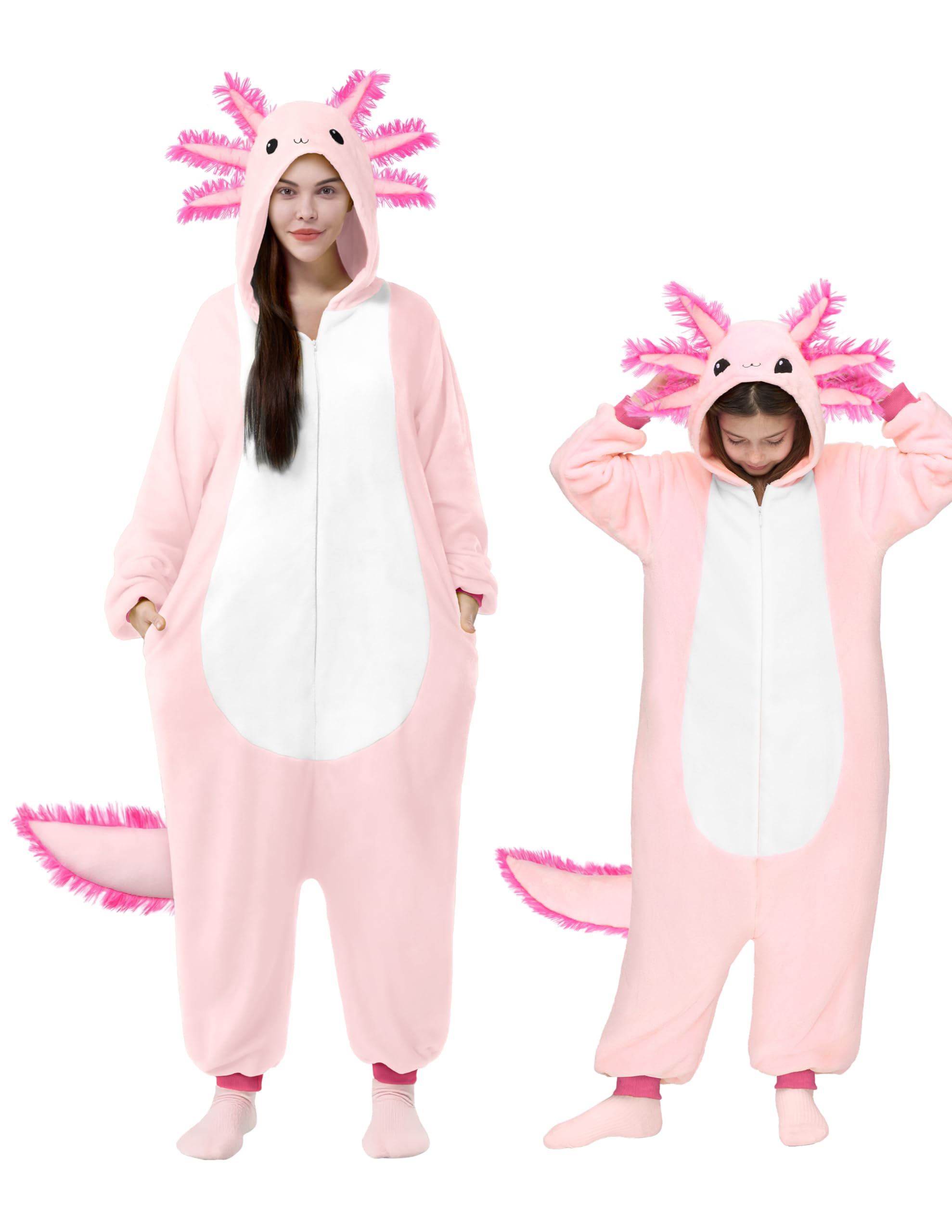 Spooktacular Creations axolotl pink hooded jumpsuit close-up, soft warmth for kids' play.