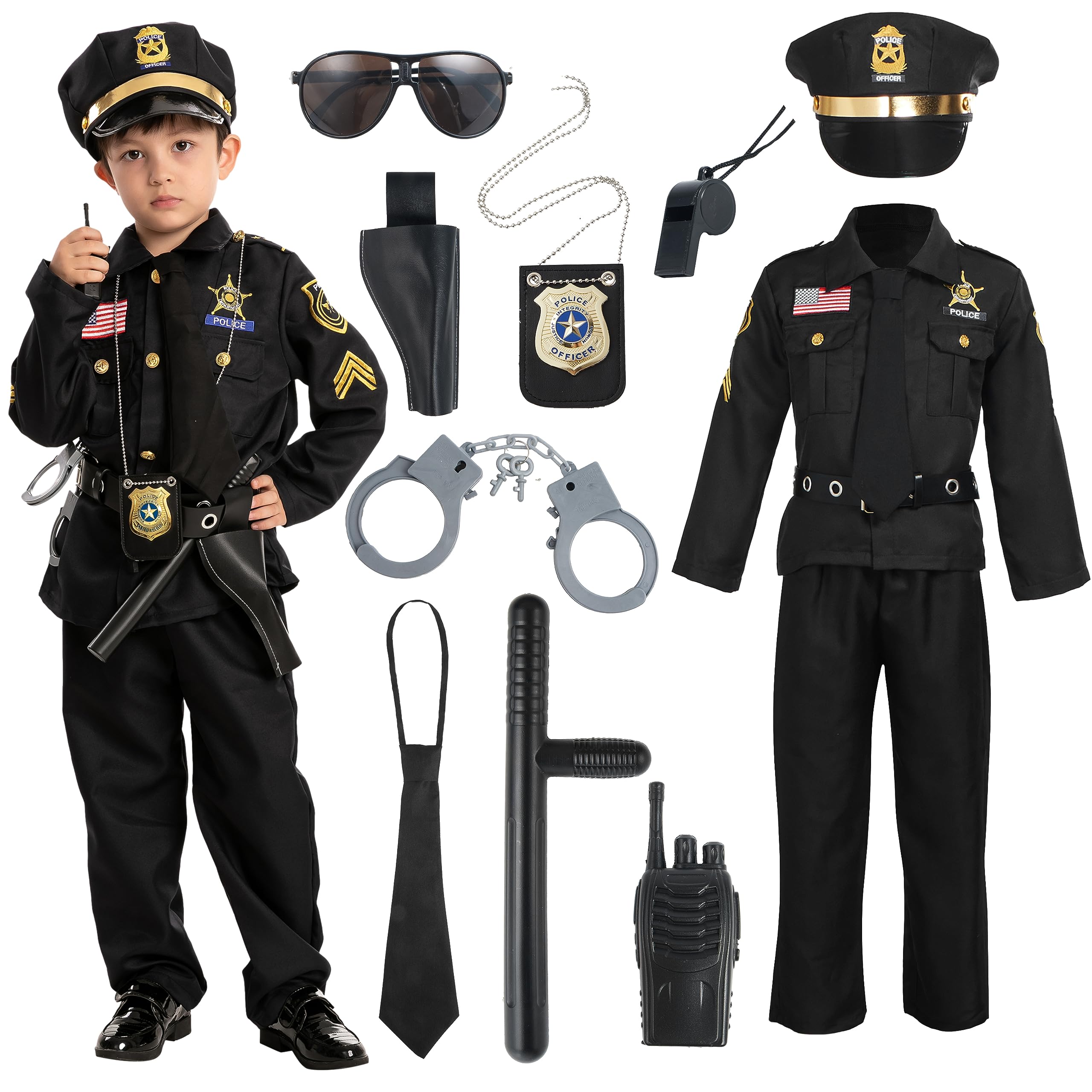 Happy child in Spooktacular Creations police costume during Halloween