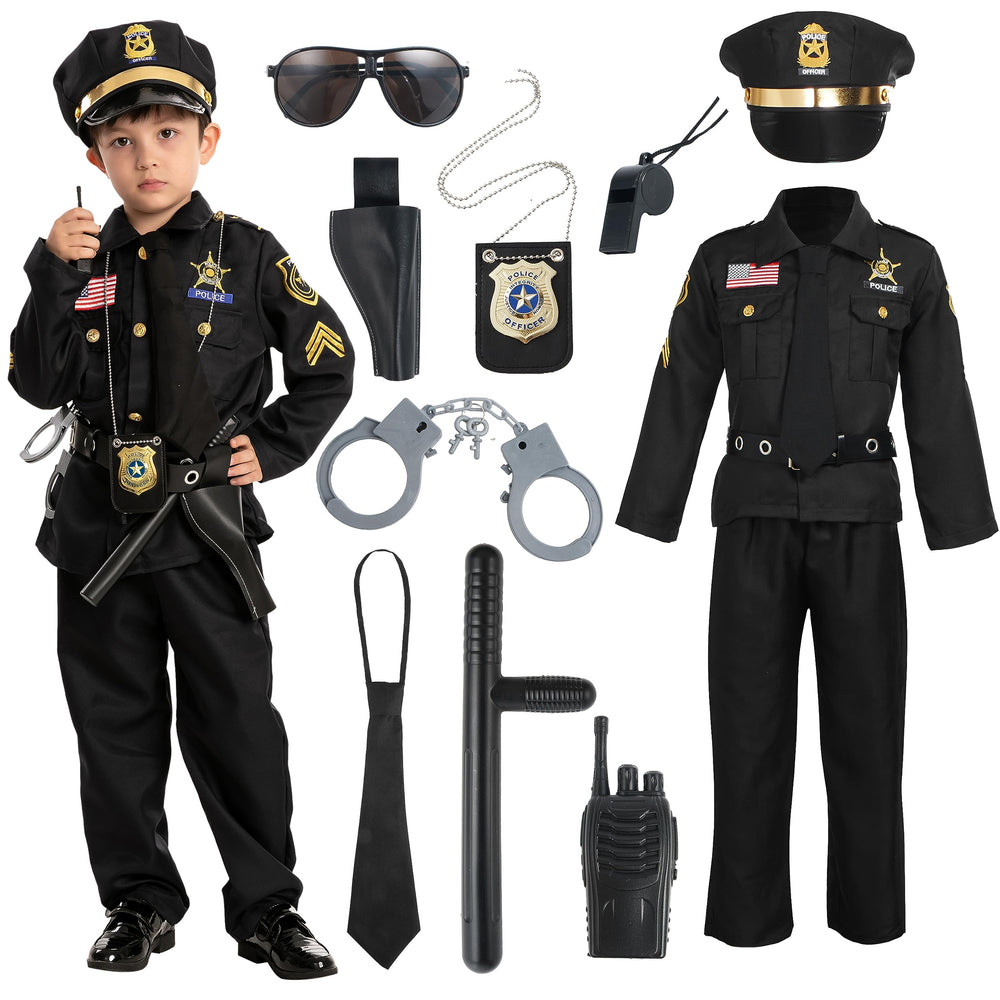 Happy child in Spooktacular Creations police costume during Halloween