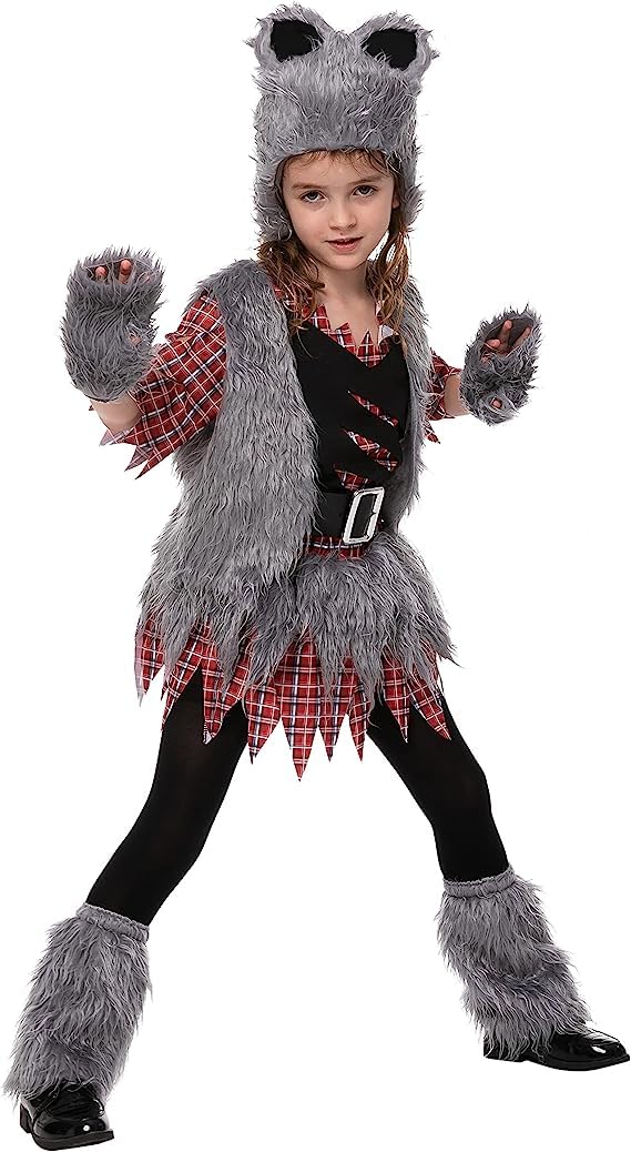 Spooktacular Creations Werewolf dress, faux fur trim boosts spooky party presence.